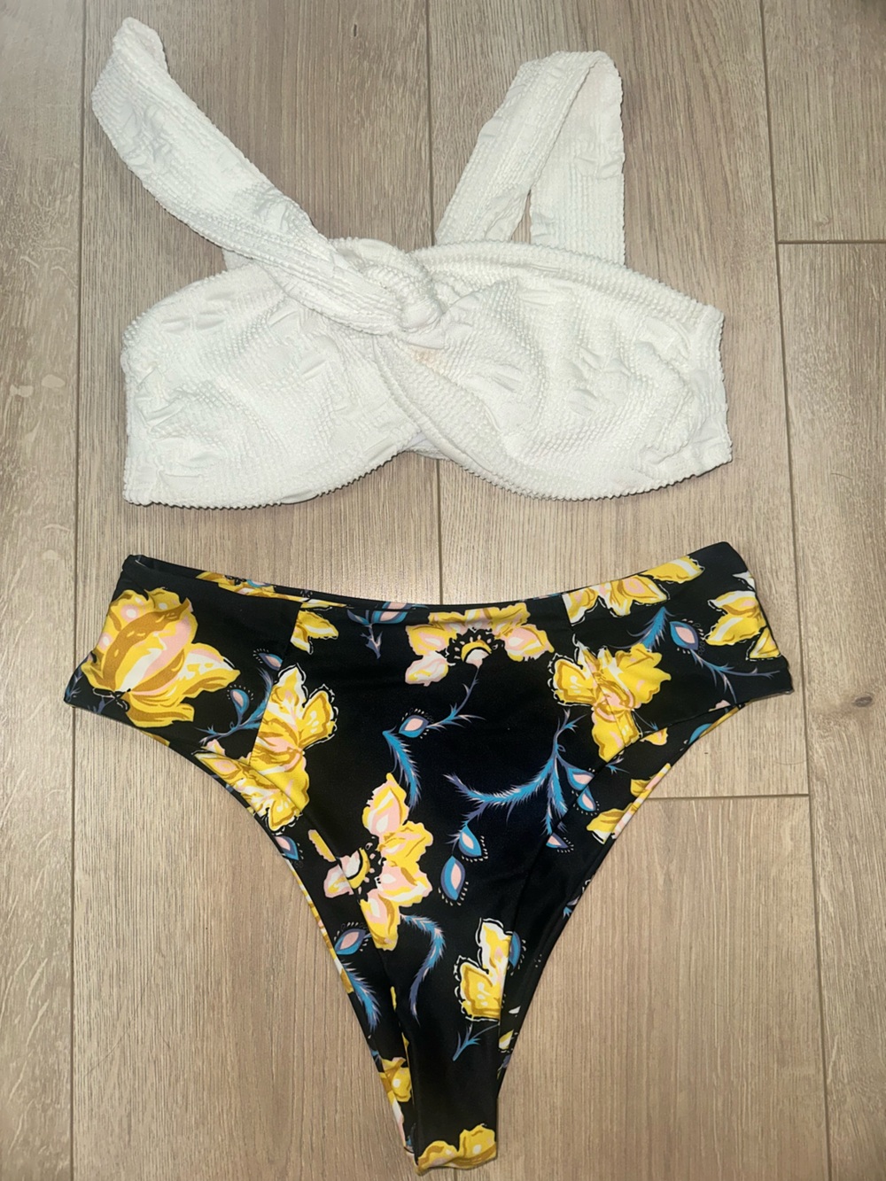 Zaful Black Floral High-Waist Bikini Bottom with White Textured Top